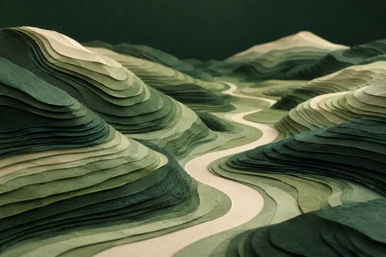 Layered green and ivory paper hills with a winding path